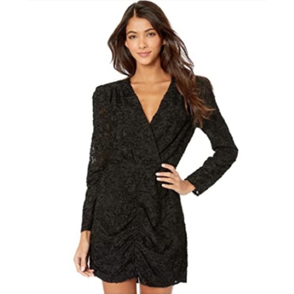 WAYF Rae Ruched Mini Dress Black  Eyelash Lace Small NEW NWT